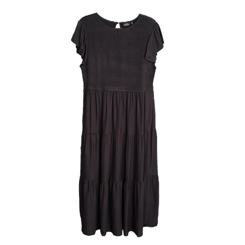 ZESICA Black Smocked Tiered MIDI Dress Flutter Sleeve Bohemian Casual Size 2X